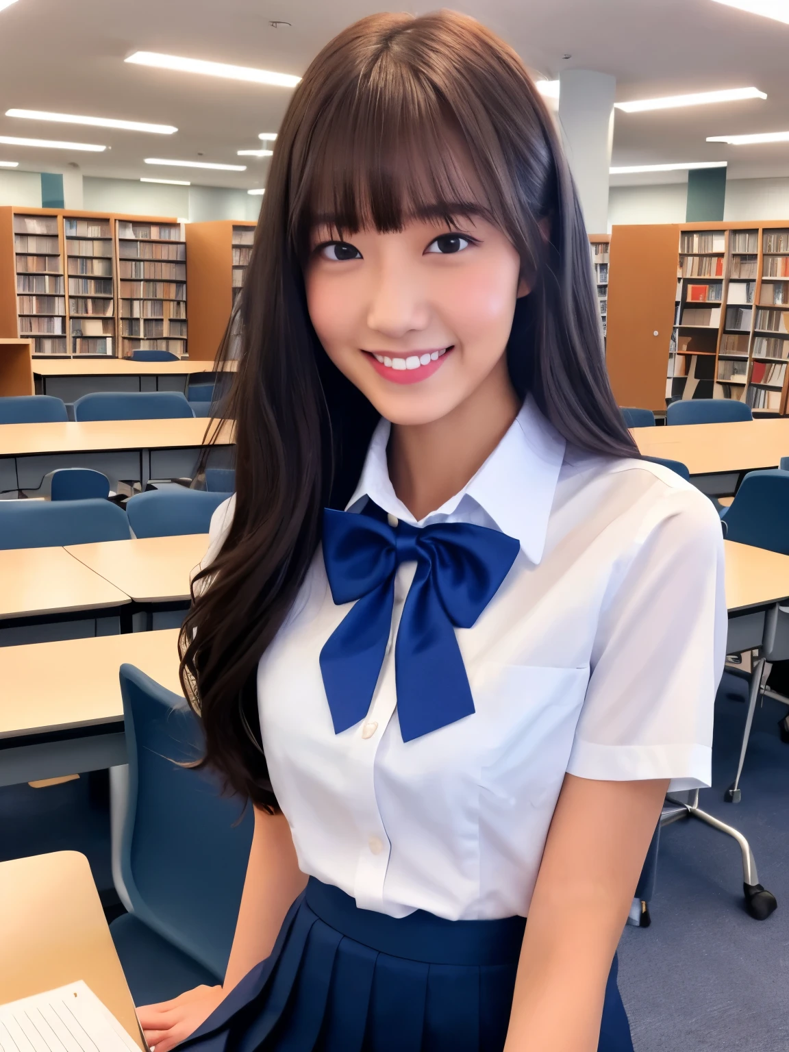 masutepiece, upperbody shot, Front view, 1 woman per 1 photo, a Japanese young pretty woman, hyper pretty face, 18 years old, studying at a desk in a library of school, A big smile, Glamorous figure, wearing a short sleeves shiny silky white collared shirt with shiny satin red plain bow tie, Glossy lips, Sweaty body, Double eyelids in both eyes, Natural makeup, long eyelashes, shiny smooth light brown hair of medium length, asymmetrical bangs, skin tanned, wearing a dark blue pleated skirt, central image, 8K resolution, high detailing, detailed hairstyle, A detailed face, spectacular movie lighting, Octane Rendering, Vibrant, A hyper-realistic, Perfect limbs, Perfect ???????