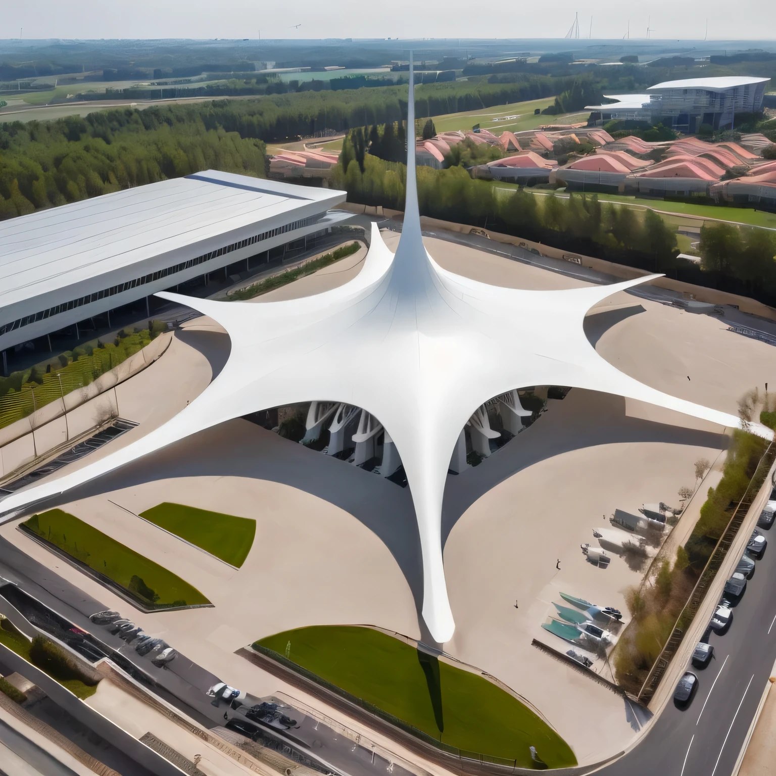 Araf structure and large white structure in parking lot, star roof, Zaha Hadid style architecture, antenna, Zaha Hadid architecture, in style of Zaha Hadid architect, Ultra-high resolution, santiago Calatrava, foster and partners, Web portals. Zaha Hadid, Calatrava, antenna shot, inspired by Zha Shibiao, futuristic church, arc