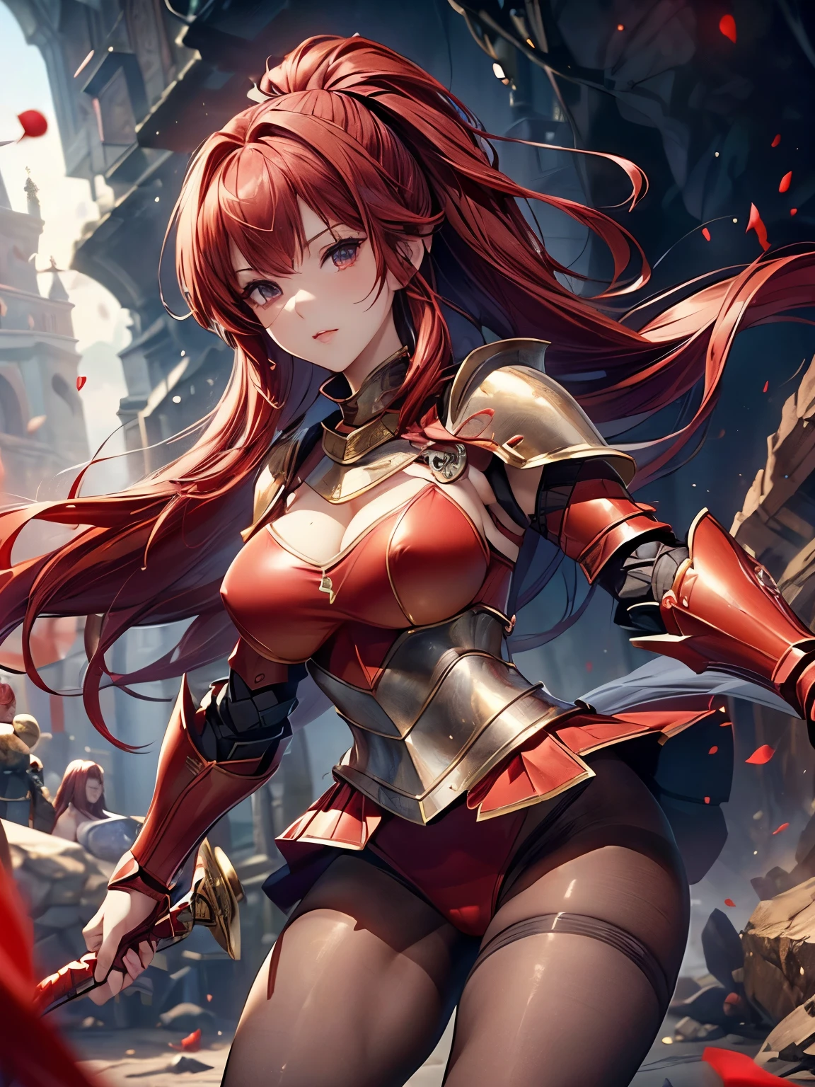 highest quality、Nice sexy body、One Woman、solo、(Beautiful busty woman:1.5)、Woman with ponytail、((Woman with dark red hair))、female knight、((Woman in a red bikini))、((woman with full armor:1.4))、((A woman wearing brown pantyhose))、Inside the cave、A woman running through while swinging a sword