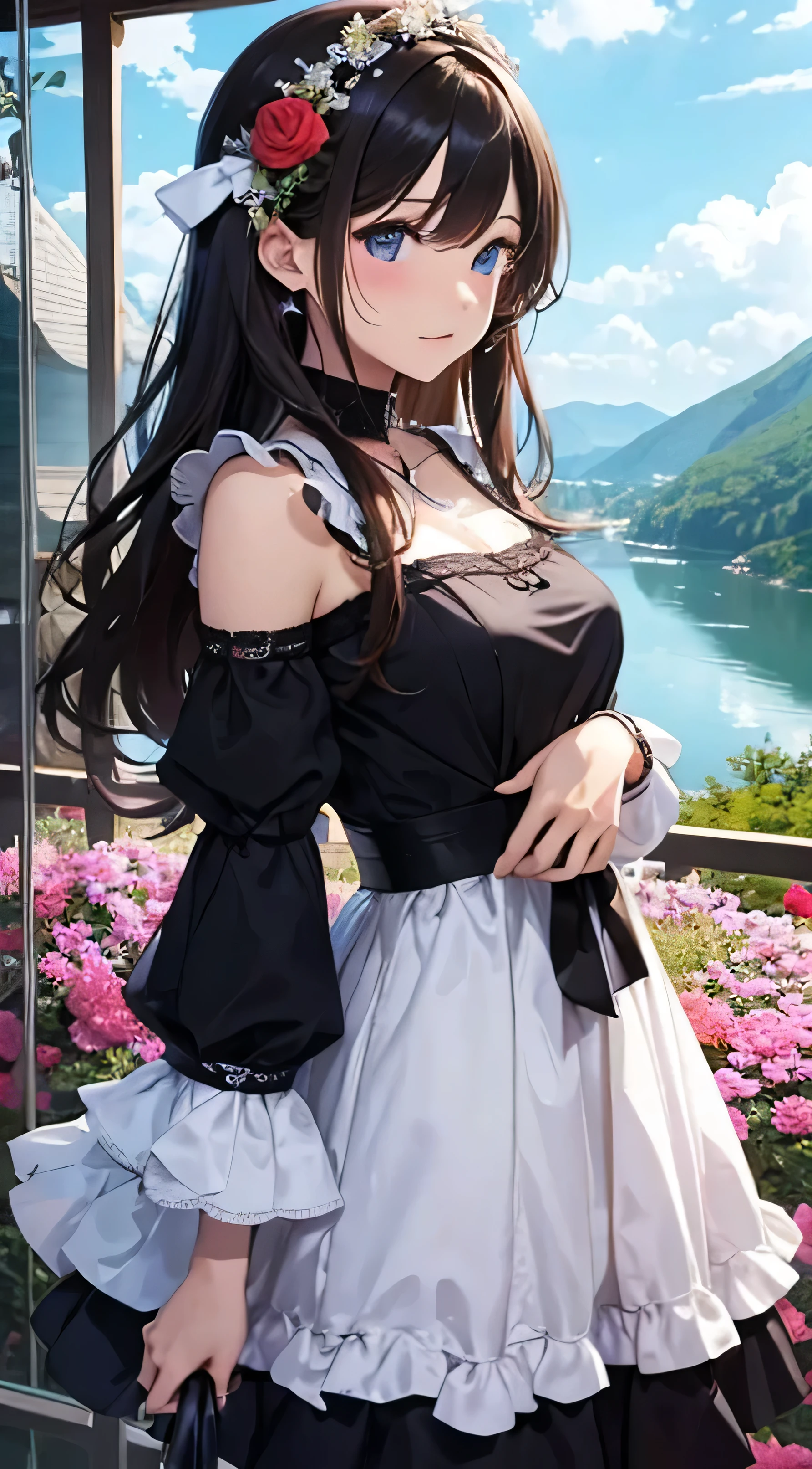 (Painting style close up,8K ultra-high resolution,A masterpiece Vista CG wallpaper),Beautiful skyline,Beautiful sky,Beautiful and delicate eyes,pretty girl,Perfect slim body,Shift dress,Pure Eyes,The skin is smooth like a baby,Standing on a high mountain overlooking the earth,Sky Sky,lake,Colorful flowers and plants。