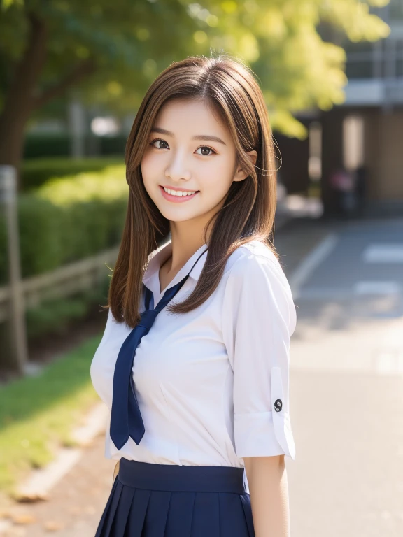 Bright sunny background、Thumbs up、highest quality、Ultra-high resolution、Beautiful woman、cute、alone、Japanese women。Full Body Shot、Beautiful 15 year old student、high school girl、Laughter。Beautiful large breasted young female model。Bright expression、Photorealism、Extraordinarily beautiful girl、Beautiful Face、(Face to face with the children)、Glowing White Skin、Light brown straight hair、Thinning hair、Attractive beautiful brown eyes、double eyelid、、Stylish girl。Navy blue uniform skirt、The white shirt reveals the shoulders and collarbone.。Full body portrait。Healthy Face。Skin care cosmetics、Professional Lighting。