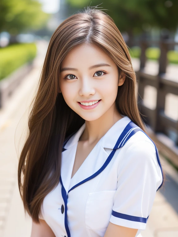 Bright sunny background、Thumbs up、highest quality、Ultra-high resolution、Beautiful woman、cute、alone、Japanese women。Full Body Shot、Beautiful 15 year old student、high school girl、Laughter。Beautiful large breasted young female model。Bright expression、Photorealism、Extraordinarily beautiful girl、Beautiful Face、(Face to face with the children)、Glowing White Skin、Light brown straight hair、Thinning hair、Attractive beautiful brown eyes、double eyelid、、Stylish girl。Navy blue uniform skirt、The white shirt reveals the shoulders and collarbone.。Full body portrait。Healthy Face。Skin care cosmetics、Professional Lighting。