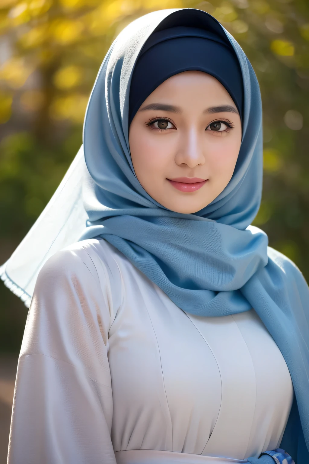Luna Maya, 30 years old, blushing, hijab ( the hijab covered the hair ), (8K, raw photo, highest quality, flying fragments: 1.2), (reality, realita: 1.4), sharp focus on something big, slim face, medium breasts, shy smile, visible pores, cinematic lighting, bright light, eye beauty details, shiny and smooth skin, red lipstick, shiny skin, super dense skin, high resolution, complicated hijab, detailed style, detailed beauty face, very realistic, perfect body parts, perfect anatomy, 1 Japanese girl, famous Japanese idol, perfect female body, beautiful eyes, short eyelashes, double eyelids, look straight towards here, wearing white scrunchie, wearing a long dusty blue Malay gamis, walking, standing upright and facing me, so the whole body can be seen, autumn season, abaya clothes, looking straight at me, wearing a scarf, view of the flowers garden, brick road, focus look at me
