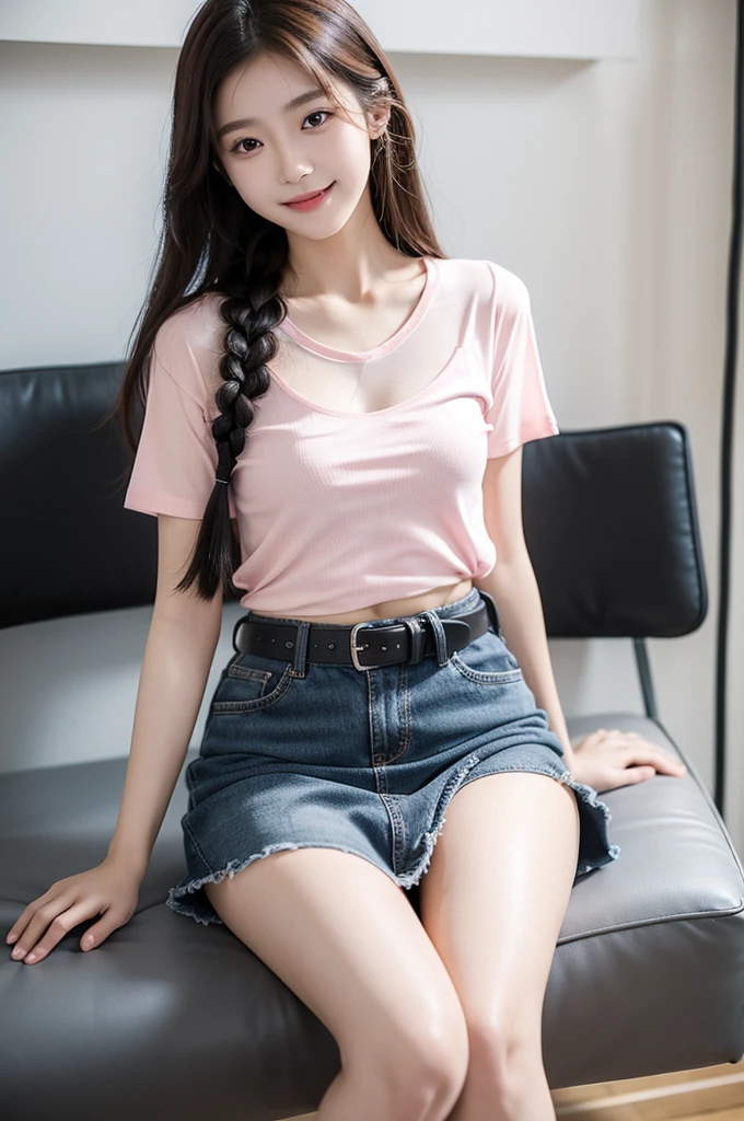 One korean Beautiful Girl 18 years old is sitting and smiling in University. She wear small see through shirt and black short mini skirt. Small legs, brown belt , put on make up, pink mouth, sexy post, no bra, small breast. Long hair braid