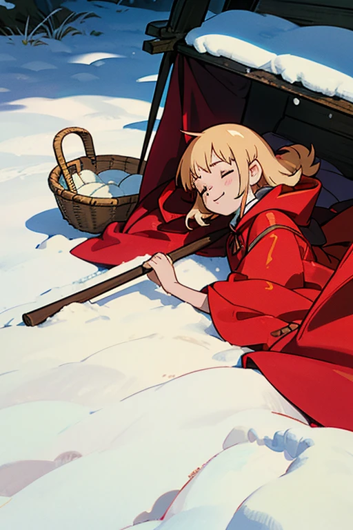 A wearing a red cloak and golden hair, lying quietly in the snow with a happy expression, a smile on her face, closed her eyes, a few small matches beside her, and a basket in front of her. Outside, during the day, there is snow on the ground
