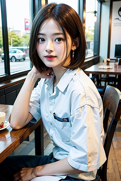 (8k、Raw photo、highest quality、masterpiece:1.2)、(Realistic、Photorealistic:1.37)、One Girl、Only 19、cute、Adorable、(blue eyes)、(A shy smile:0.4)、(solo)、Detailed face、Oval Face、Narrow, almond-shaped eyes、(Brown short hair:1.3)、Hair on one eye、Slender、Medium chest、Collared shirt、Elevation、Tilt your head、Fluorescent lamp、Inside the coffee shop、Sit by the window、Small Head、(Facing the other side)、Teenage Girls、Earrings