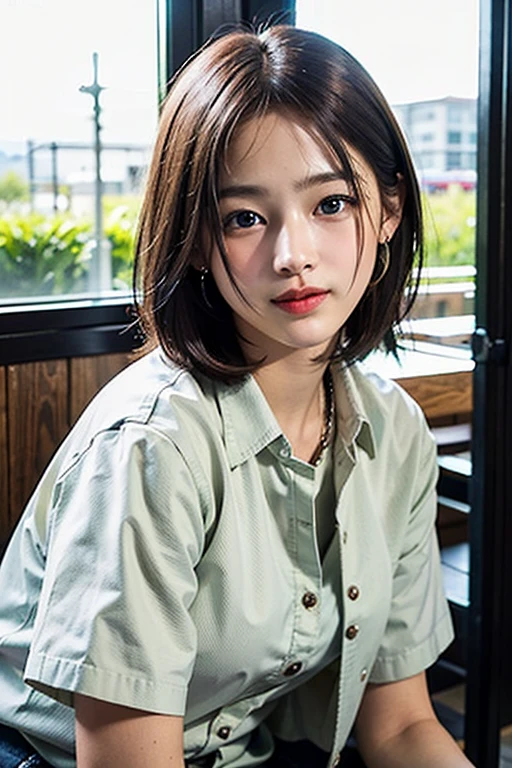 (8k、Raw photo、highest quality、masterpiece:1.2)、(Realistic、Photorealistic:1.37)、One Girl、Only 19、cute、Adorable、(blue eyes)、(A shy smile:0.4)、(solo)、Detailed face、Oval Face、Narrow, almond-shaped eyes、(Brown short hair:1.3)、Hair on one eye、Slender、Medium chest、Collared shirt、Elevation、Tilt your head、Fluorescent lamp、Inside the coffee shop、Sit by the window、Small Head、(Facing the other side)、age Girls、Earrings