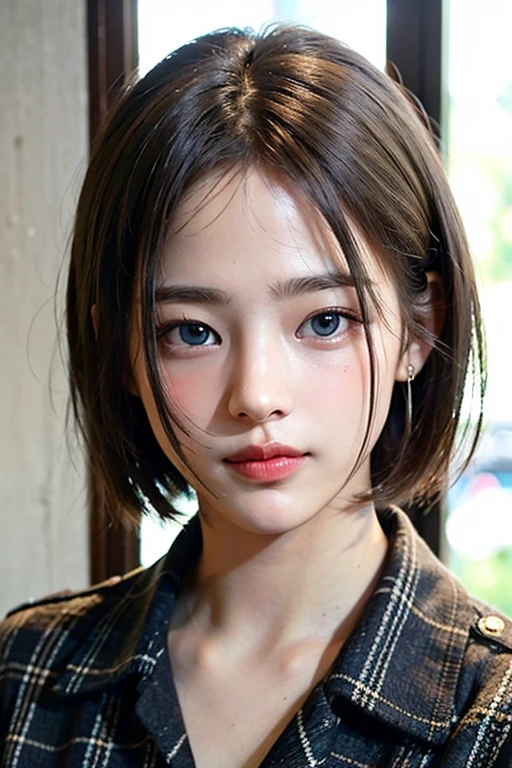 (8k、Raw photo、highest quality、masterpiece:1.2)、(Realistic、Photorealistic:1.37)、One Girl、Only 19、cute、Adorable、(blue eyes)、(A shy smile:0.4)、(solo)、Detailed face、Oval Face、Narrow, almond-shaped eyes、(Brown short hair:1.3)、Hair on one eye、Slender、Medium chest、Collared shirt、Elevation、Tilt your head、Fluorescent lamp、Inside the coffee shop、Sit by the window、Small Head、(Facing the other side)、Teenage Girls、Earrings