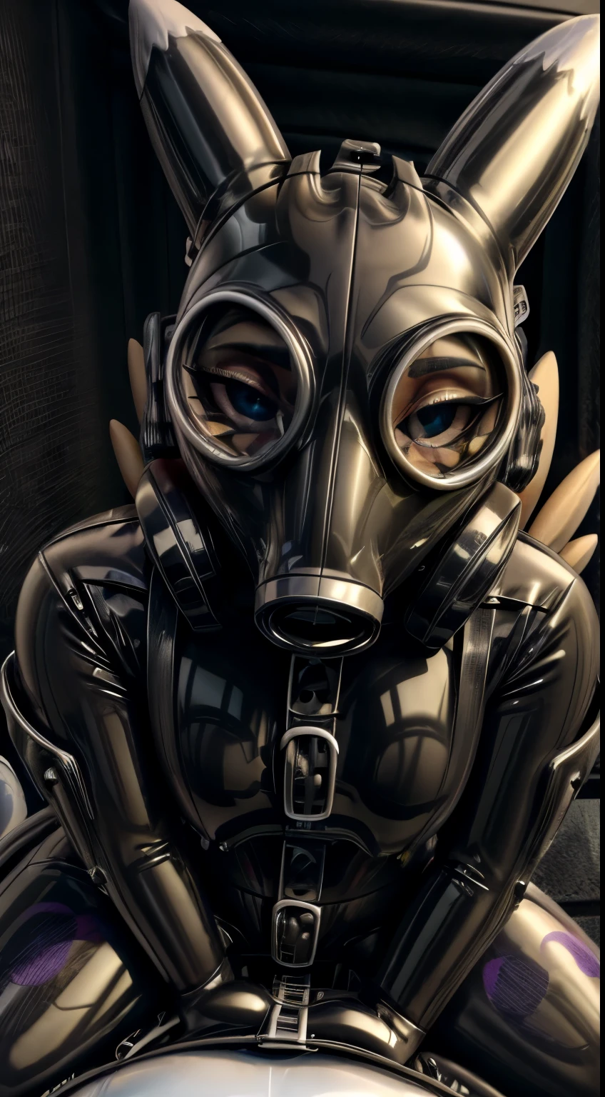 1girl, furry, solo, hd, renamon, (black latex suit), gas mask, on knees, (selfie POV), looking at viewer, latex, rubber, sweaty, blushing, perfect anatomy, (latex bodysuit), extreme close up,