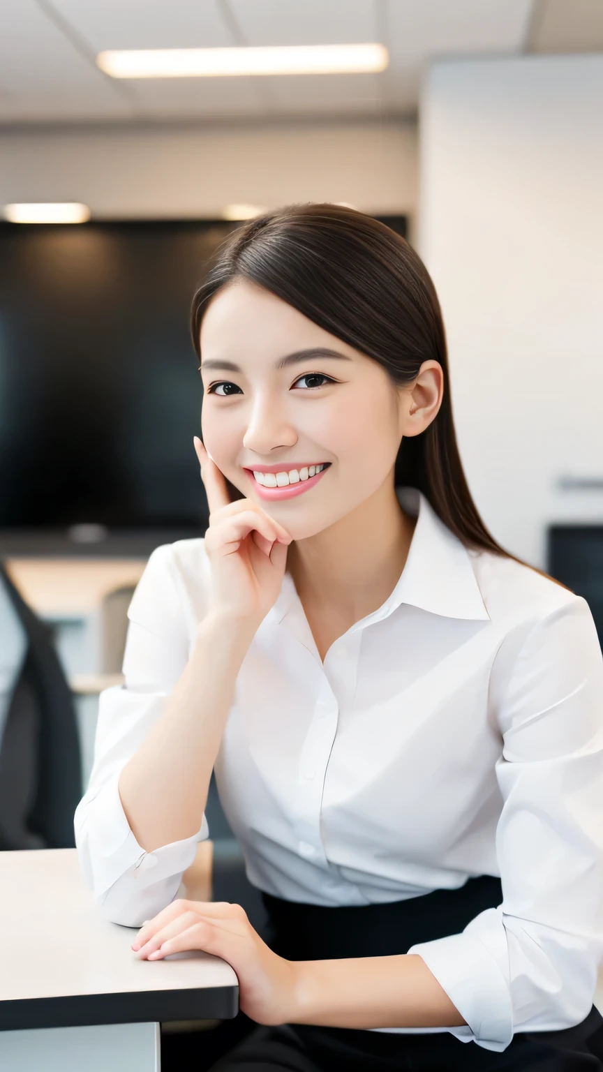 (Japanese),((beautiful girl)), white business shirt, pleasant expression:1.2,((perfect physical beauty:1.2)),((perfect physical beauty)), beautiful teeth, office, coffee, dignified look, pumps, black stockings, documents,