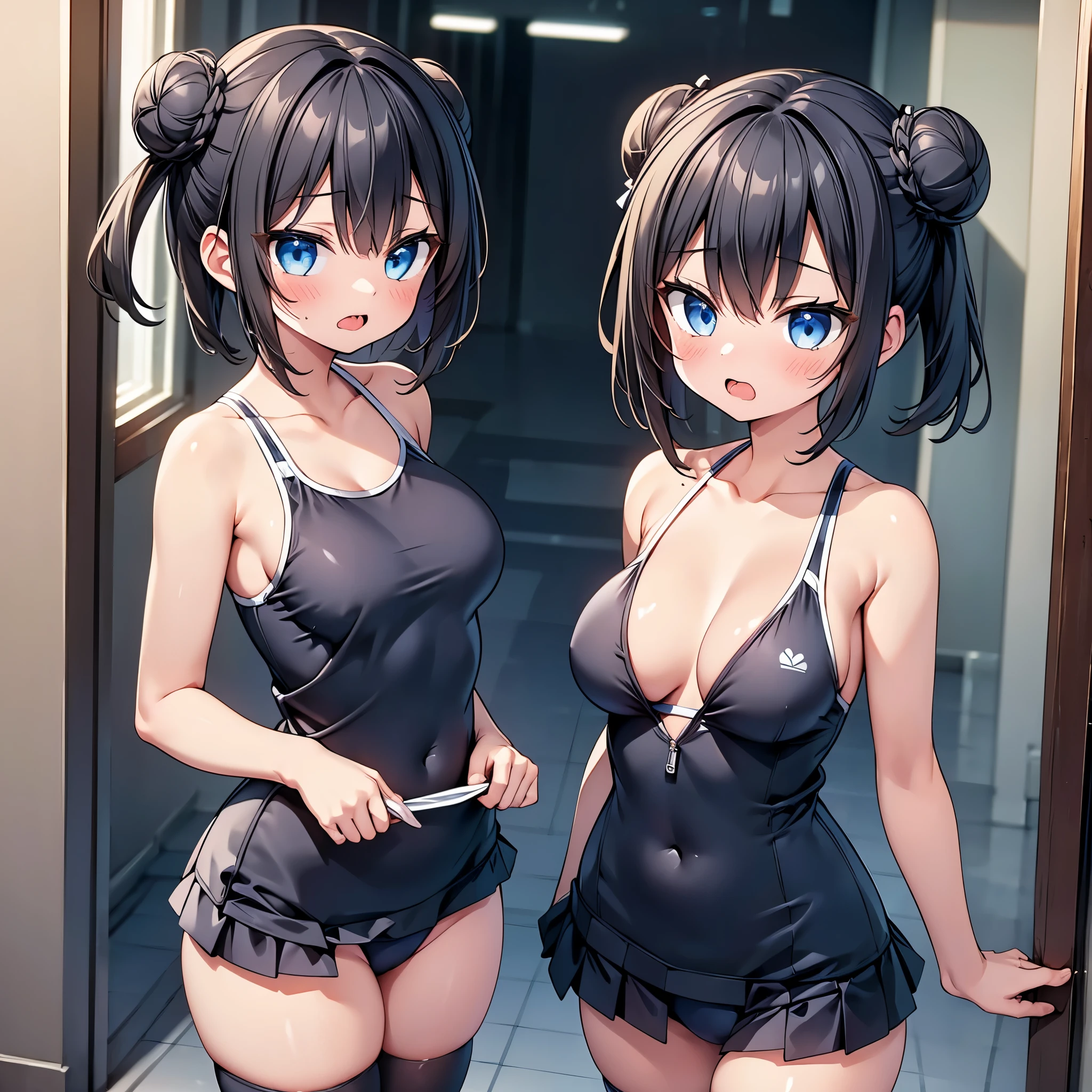 highest quality,wonderful,finely,extremely detailed CG Unity 8K wallpaper, (1 Girl,Black Hair, Blue Eyes,short hair, double bun), (midium breasts:1.2), (school swimsuit:1.1), (Bare shoulders:1.1), (clavicle:1.1), (open mouth:1.2), (long tongue:1.2), (mouth drool:1.2), (zettai ryouiki:1.2),(Waistline:1.2), (Are standing:1.2)