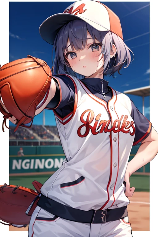 pretty girl、15 years old,height: 154cm,boyish、Small breasts,stylish、Baseball uniforms、（Baseball with left hand）、Pitching form、How to Throw a Baseball、Sweat、I&#39;野球場にいるI、（Long Bob）、(Greenish brown hair)、(Slanted Eyes)、(Dark red eyes)、From below、Looking at the audience、Anime Style、masterpiece、 Very detailed and beautiful、Japanese、gravure、Captivating smile、Haaland in Sao Paulo、