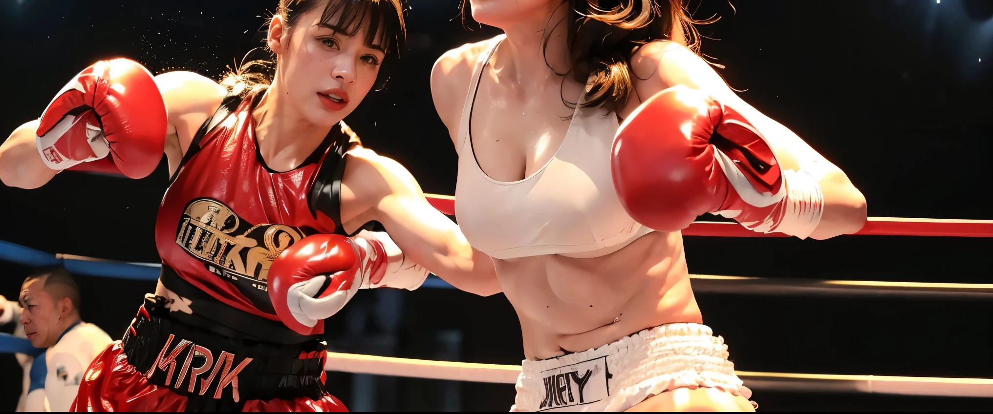 Boxing Match, ((masterpiece, highest quality, Highest image quality, High resolution, photorealistic, Raw photo, 8K)), ((Extremely detailed CG unified 8k wallpaper)), (huge stunning goddess shot, very hot and sexy, jaw-dropping beauty, perfect proportions, beautiful body, slim body beauty:1.4), Female boxers, two athletes beating each other in the ring, wearing sports bras, trunks, boxing gloves and boots, sweat splattered, intense fighting, SFW,