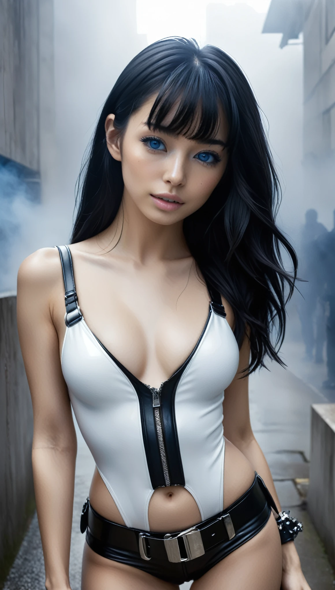 masterpiece, Best Quality, Realistic, Futuristic fashion sexy Gravure portrait,
BREAK
beautiful young woman, ig model, render of april, (wide angle, all body shot, standing:1.6),
BREAK
bold exposure, exuding a sculptural beauty,(ultra slim waist, firm medium breasts, medium buttocks, beautiful sexy legs:1.2), White and beautiful Silky skin, thin and beautiful neck, small head,
BREAK (wide angle, all body shot, standing:1.6),
(White and black military print bodysuit: 1.3), (Sleek black leather belt with futuristic metallic buckle: 1.2), (Low-rise black leather shorts with zipper accents: 1.4), urban vibes, (Chunky black combat Sneaker with silver hardware: 1.5), fierce and bold, (Black fingerless gloves with white LED lights: 1.3), high-tech accessories, (White and black camouflage print bucket hat: 1.3), functionality meets style, embodying the essence of future street-chic fashion,
(in a concrete, fog, mist, Realistic black Shadow) , small head, Detailed face, cute and Pretty slim face, happy, Duck mouth, perfect beautiful Tooth, arranged gray hair, blue eyes, shiny eyes, looking viewer, (wide angle, all body shot, standing:1.6),