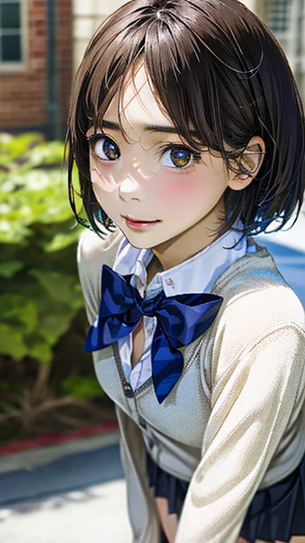 (masterpiece:1.3, highest quality, Ultra-high resolution, Super detailed), (Realistic, photoRealistic:1.4), Beautiful illustrations, Perfect lighting, Natural light, Depth of written boundary, ,
Beautiful detailed hair, Beautifully detailed face, Beautiful fine details, Beautiful clavicle, Beautiful body, Beautiful breasts, Beautiful thighs, Beautiful feet, Beautiful Hands,
View your viewers, (Upper Body), 1 girl, high school girl, (Perfect Anatomy, Anatomically correct), Cute and symmetrical face, Baby Face, Perfect Face, Perfect Eyes, Highly detailed skin,
(short hair:1,2, Bobcut:1,2, Light brown hair), Swept-apart bangs, Emerald green eyes, Droopy eyes, Big eyes, Long Eyelashes, (Medium chest, juicy thighs, Attractive thighs),
((Detailed cloth texture, navy long sleeve cardigan, White collared shirt, Grey pleated mini skirt, Dark red bow tie, Black Stockings, School boots), The finest underwear),
(Beautiful views), evening, (School corridor), (walking), (Captivating smile, Upward glance, Lips parted),