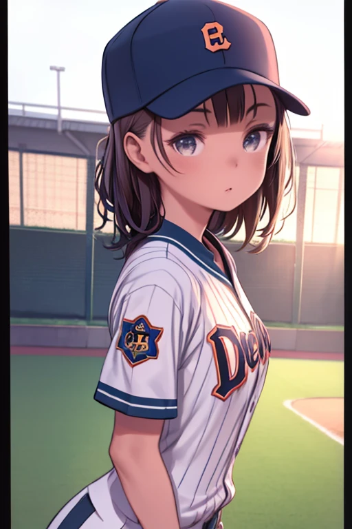 Baseball Cosplay, court, Baseball uniforms, Expression of victory,One girl, Wide-angle shot, Detailed uniform, View the viewer, Depth of written boundary, detailed realistic background, Diffused natural light, Diffused, natural skin glow, summer