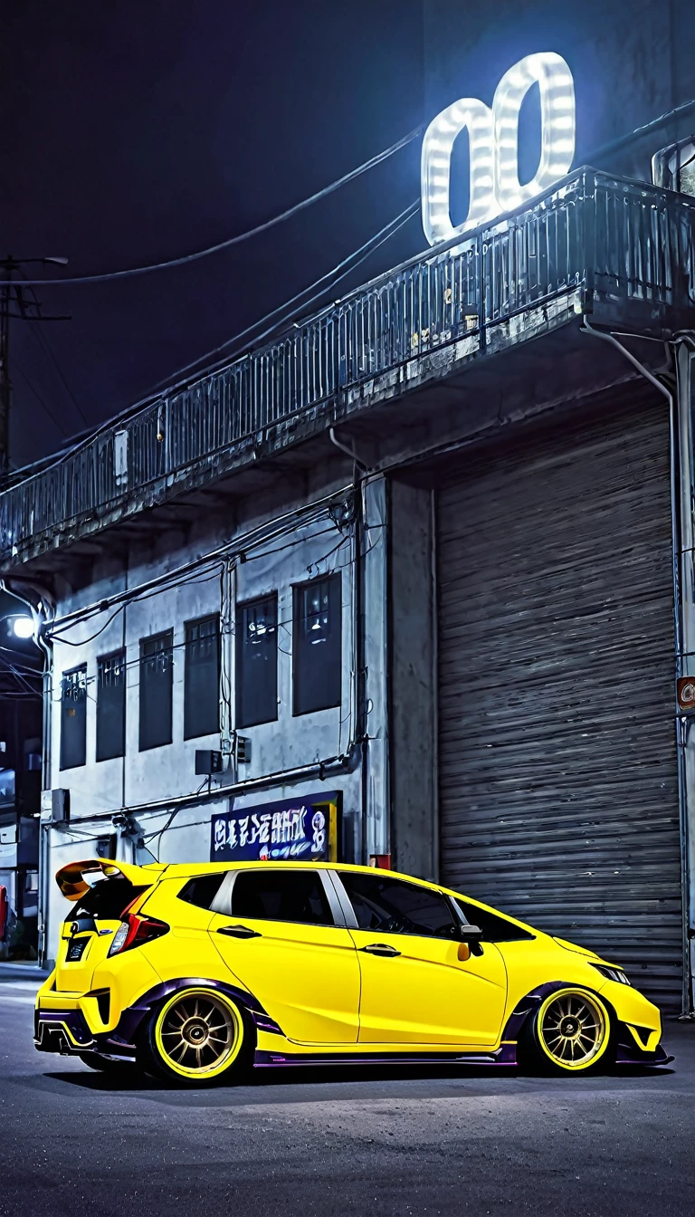 retrowave. honda jazz rwb, large wheels, slammed, wide body kit, YELOW NEON MONITOR LIGHT, (4k,Masterpiece, realistic, extreme detail, A high resolution,photorealistic,automotive photography, professional)