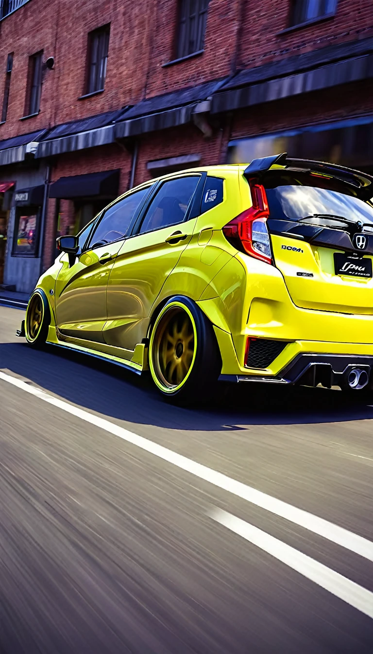 retrowave. honda jazz rwb, large wheels, slammed, wide body kit, YELOW NEON MONITOR LIGHT, (4k,Masterpiece, realistic, extreme detail, A high resolution,photorealistic,automotive photography, professional)