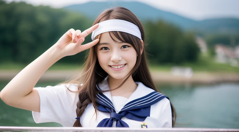 The colors and landscapes of youth、Making a peace sign(masterpiece,highest quality,超A high resolution),Japanese High School Girl,Cute smile, Ubu no Girl、((Long Hair,hair band)).Cute Sailor Uniform、Short-sleeved sailor uniform、Navy Blue Skirt、pure white、Beautiful Skin、Watery eyes、Sparkling brown hair、A shy smile、go to school、morning,