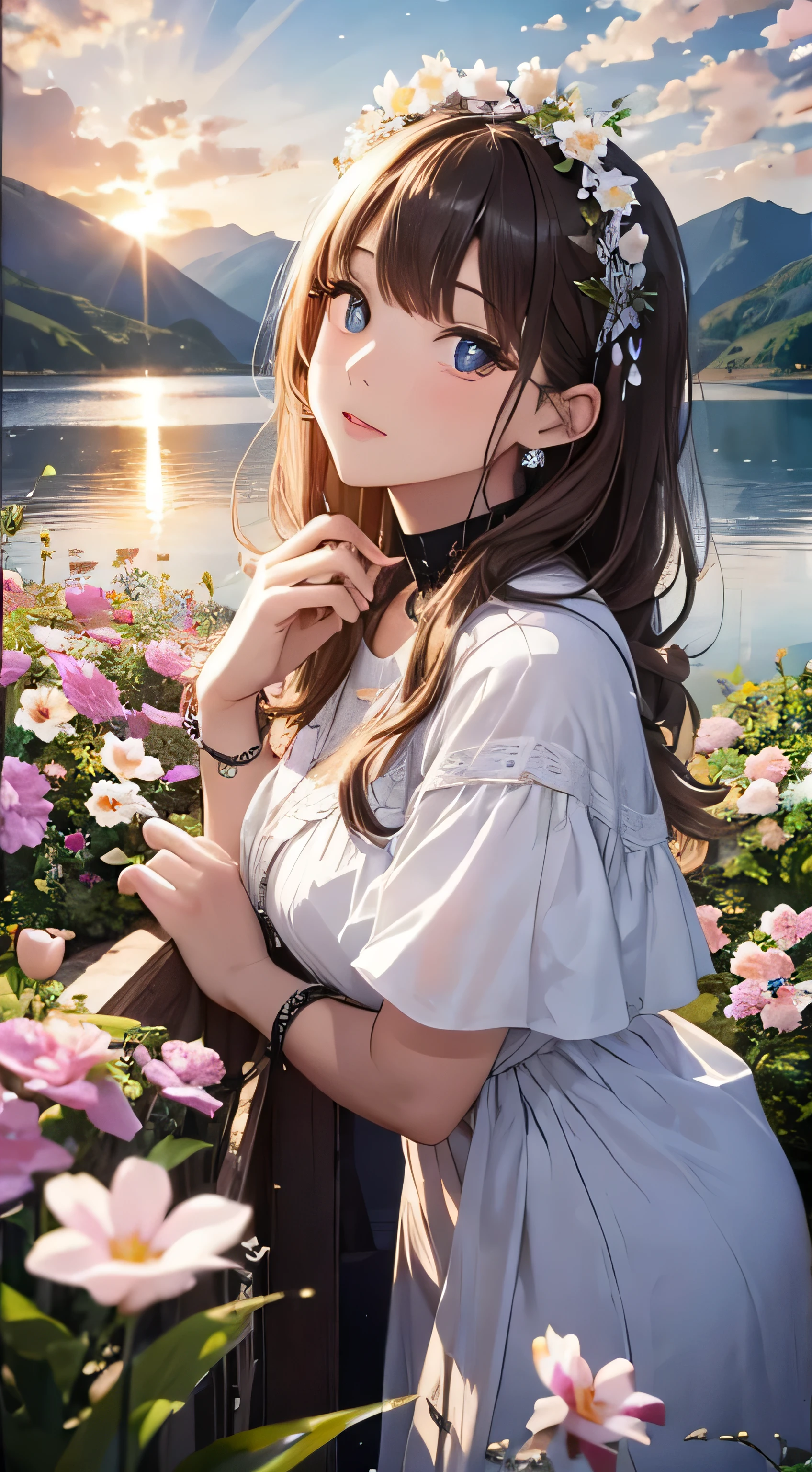 （Painting style close up，8K ultra-high resolution，A masterpiece Vista CG wallpaper），Beautiful skyline，Beautiful sky，Beautiful and delicate eyes，pretty girl，Perfect slim body，Shift dress，Pure Eyes，The skin is smooth like a baby，Standing on a high mountain overlooking the earth，Sky Sky，lake，Colorful flowers and plants。
