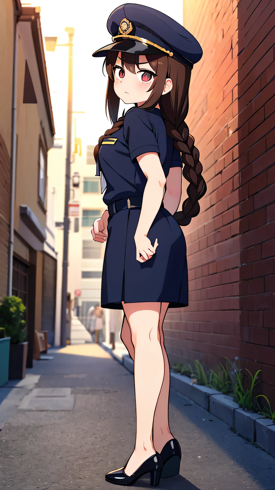 masterpiece、highest quality),Brown Hair,1 male,Long Hair,Creampie,1 Girl,Bangs,Are standing,Lean your body forward a little,Are men standing behind women?,Sperm dripping,Back Alley,Standing position,Man pulling woman's hand behind his back,Braid,A woman wearing a uniform cap,Woman in security uniform,Woman with an angry face,Man holding woman's thighs,Blushing,Slender women, A woman wearing plain black pumps,Bare feet and pumps,,Sperm on the ground