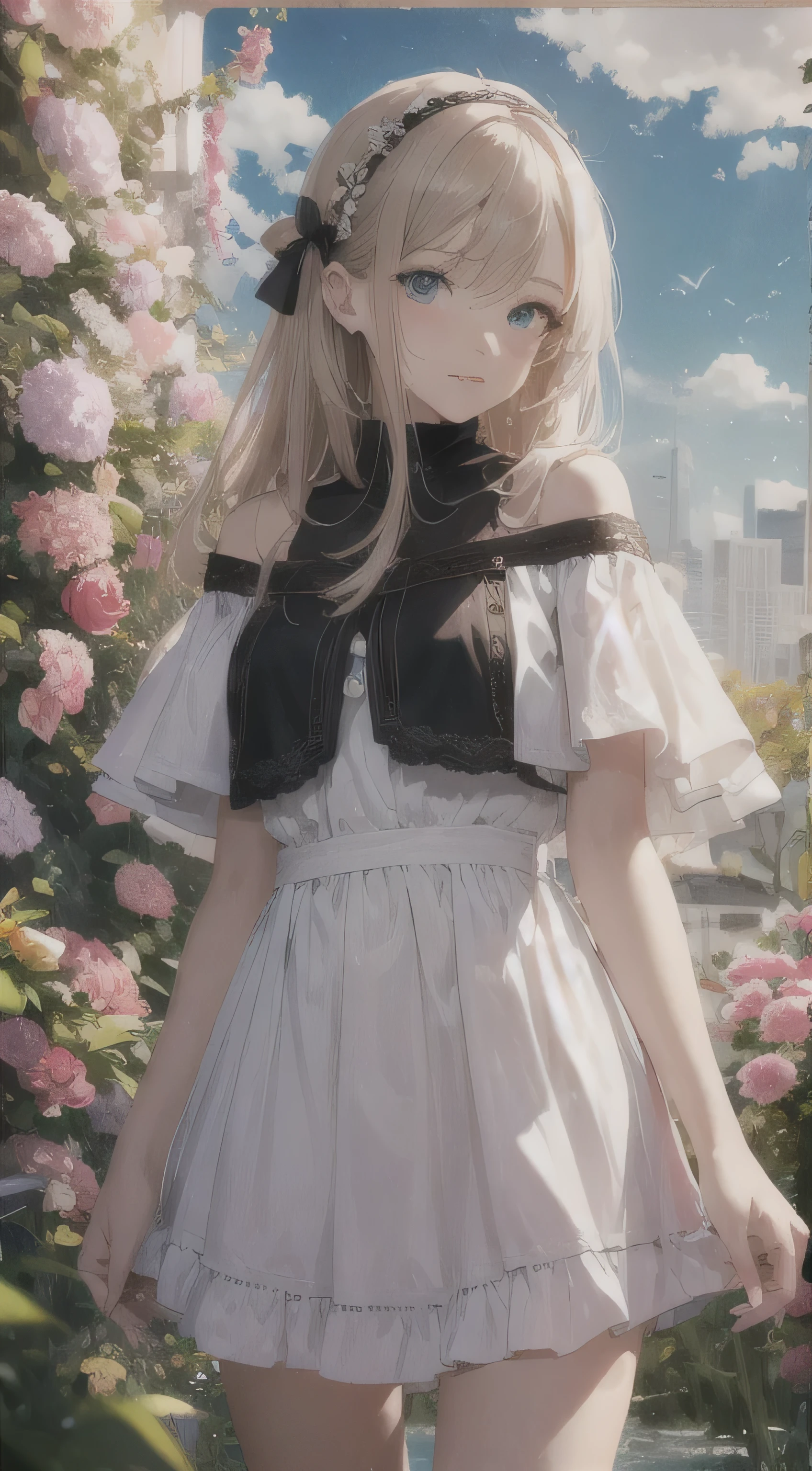 （Painting style close up，8K ultra-high resolution，A masterpiece Vista CG wallpaper），Beautiful skyline，Beautiful sky，Beautiful and delicate eyes，pretty girl，Perfect slim body，Shift dress，Pure Eyes，The skin is smooth like a baby，Standing on a high mountain overlooking the earth，Sky Sky，lake，Colorful flowers and plants。