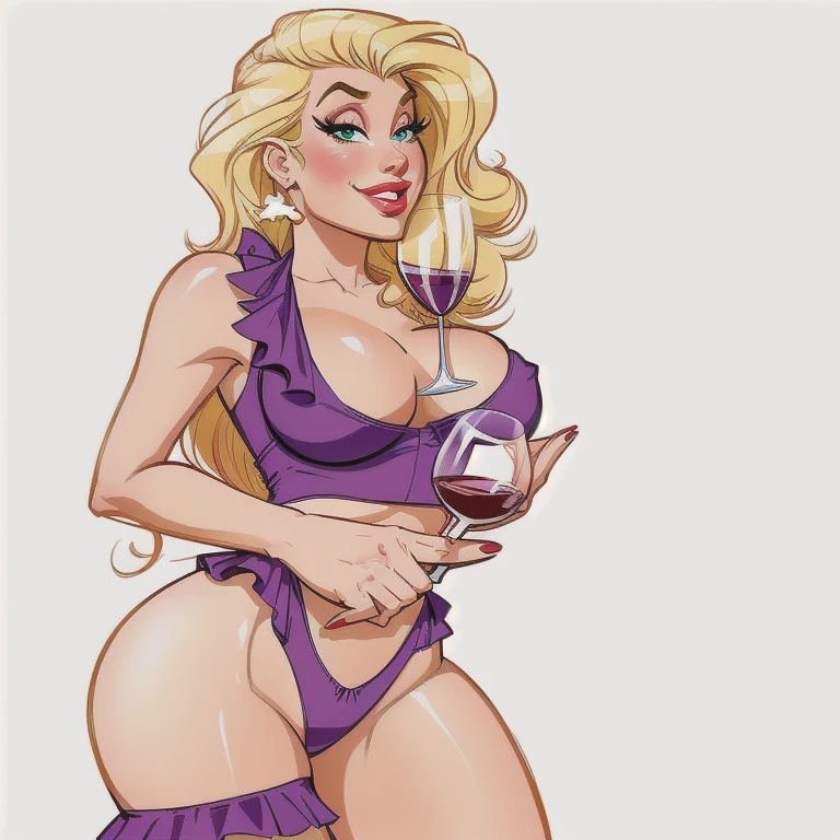 4k, Comic Babes, cartoon of a woman in a purple bikini holding a glass of wine, she holds a glass of wine, enjoying a glass of wine, hot blonde woman in the wine cellar, megara, with a bottle of wine, body pinned up, holding a glass of wine, drinking wine, holding a glass of wine, Cartoon character, inspired by Tex Avery, inspired by Tina Blondell