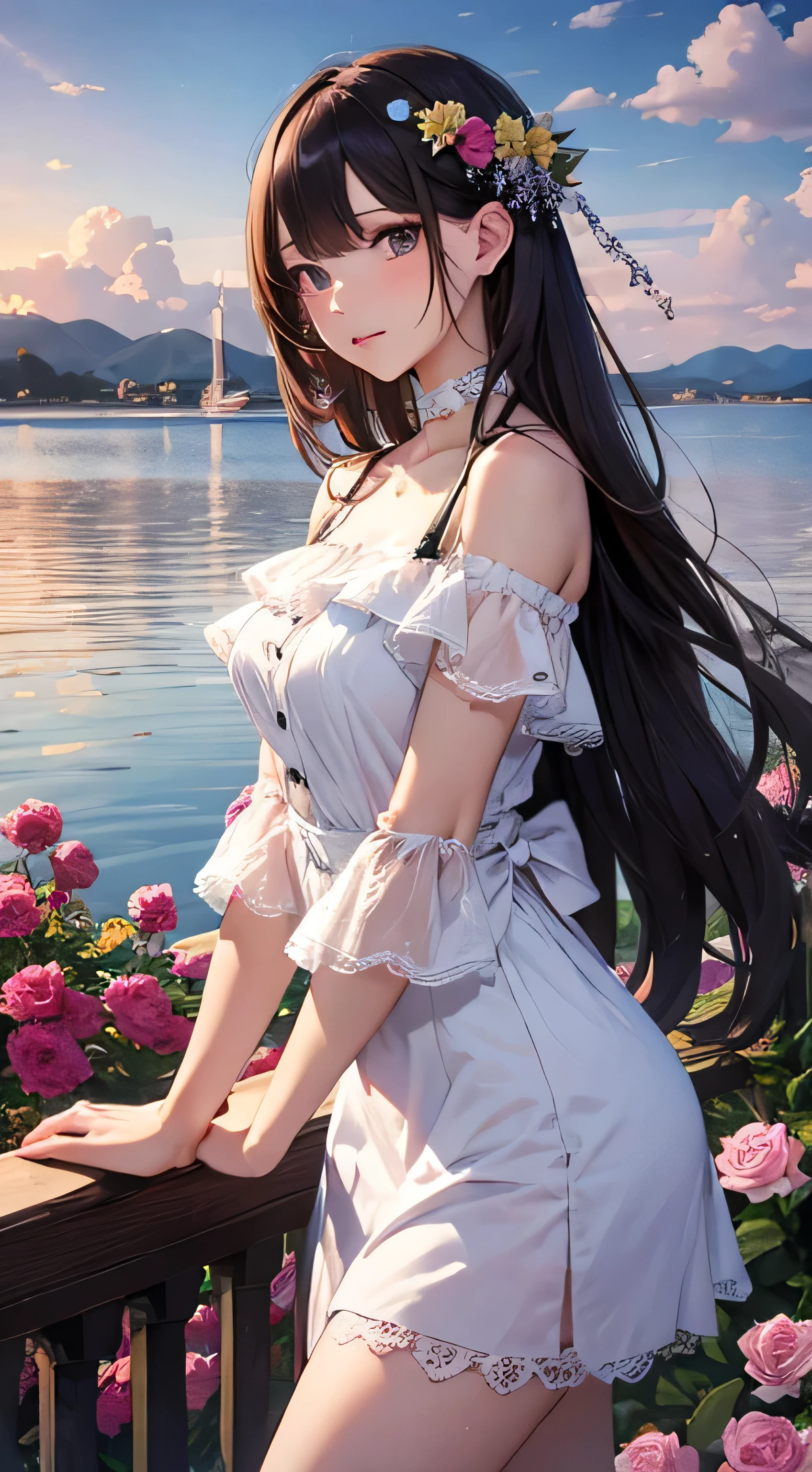 （Painting style close up，8K ultra-high resolution，A masterpiece Vista CG wallpaper），Beautiful skyline，Beautiful sky，Beautiful and delicate eyes，pretty girl，Perfect slim body，Shift dress，Pure Eyes，The skin is smooth like a baby，Standing on a high mountain overlooking the earth，Sky Sky，lake，Colorful flowers and plants。
