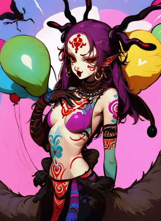 woman、clown、Chainsaw、（balloon、mahjong）、Full body portrait、(clownメイク) 、（Purple and black twin tails）、((Black tribal tattoos all over the body、（（Tattoo of wings on the chest））、Insect ethnic tattoos、centipede tattoo on arm))
