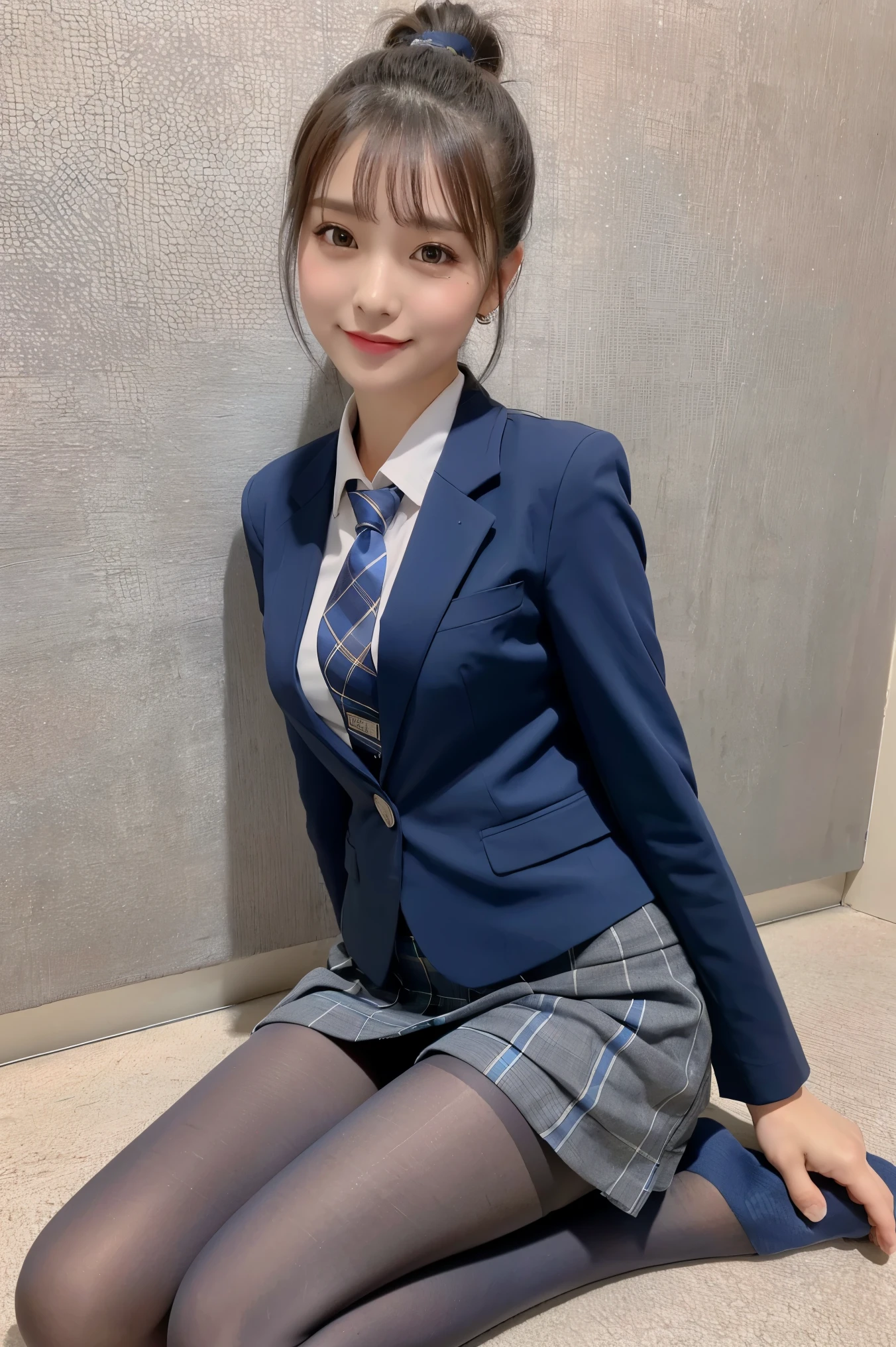 (8k), (highest quality: 1.2), (Realistic), (Realistic: 1.37), Ultra-high resolution, (1 girl), cute, smile, Mouth closed, Beautiful details, Beautiful Nose, Wet Hair, ponytail,Giant Dulcefo, pork, Thighs，Self Snap,University uniform,simple(Navy Blue Blazer:1.2),Pleated skirt,(The skirt and tie are gray tartan check pattern.....:1.3),(Sitting:1), Sit on the ground,(Hug my feet:1),(Pink Pantyhose),from the front,knees