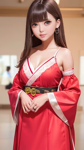 ((Browsing Caution)),one girl, (a beauty girl, delicate girl:1.3), (19 years old:1.3),
break, (Red Hanbok,Bright dress:1.3),(Off the shoulder,Deep chest and cleavage,There is no obi),(Open chest,Pink areola visible from the chest),White lace panties,
break, Definition of very fine particles, (Symmetrical eyes:1.3),
break, (Night Festival:1.3),
break, (Ample breasts:1.2),Brown eyes, Parted bangs, Brown Hair,  girl,
break, (Eye and facial details:1.0),
break, (masterpiece, highest quality, Very detailed, Detailed face, 8k),Shot to the knee, Are standing,