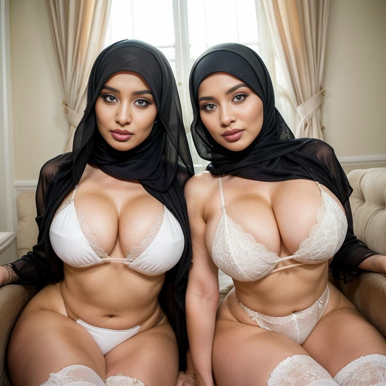 In a regal setting, two sexually attractive hourglass figure adult video star hijabi Muslim MILF sit side by side on a magnificent throne, radiating elegance and confidence. They share the same height and body proportions, the body of lust-satisfying bitches.
Both ladies wear white (lace hijabs), beautifully wrapped around their heads, framing their faces and accentuating their natural beauty. The delicate lace adds a touch of femininity and sophistication to their overall look.
Complementing their hijabs, both ladies wear white stockings string bra string thong that add a subtle hint of allure to their ensemble. The stockings enhance their elegant and poised posture, further highlighting their hourglass figures.
Their makeup is flawlessly applied, with striking red lips, voluminous mascara, captivating eye shadow, precise eyeliner, and luxurious lashes. These elements enhance their already mesmerizing features, drawing attention to their expressive eyes.
As they sit close to each other on the throne, they exude a sense of unity and sisterhood. Their presence showcases the beauty and strength of hijabi Muslim women, empowering others to embrace their body of lust-satisfying bitches.
she is looking at viewer, skin texture, ultra high res, RAW, instagram LUT, masterpiece, best quality, ultra-detailed, ultra high resolution, RAW, 4k, (looking at viewer), extremely detailed eyes and face, ((beautiful detailed nose)), ((beautiful detailed thigh)), ((beautiful detailed eyes)), perfect body proportion, (looking at the camera), seductive face, cheerful, happy, (red thighhighs) (hijab) (SFW:1.5), (string bikini),