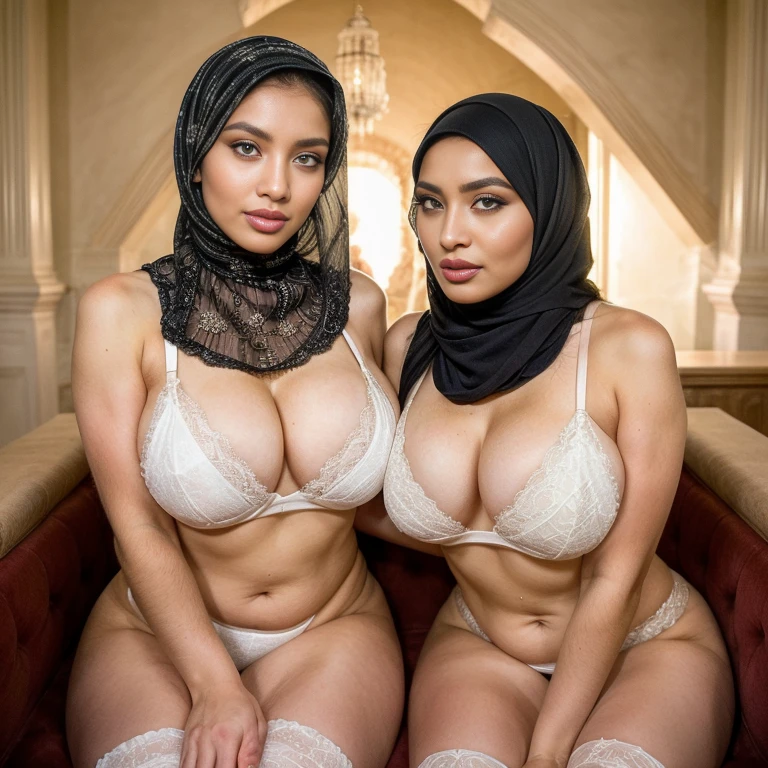 In a regal setting, two sexually attractive hourglass figure adult video star hijabi Muslim MILF sit side by side on a magnificent throne, radiating elegance and confidence. They share the same height and body proportions, the body of lust-satisfying bitches.
Both ladies wear white (lace hijabs), beautifully wrapped around their heads, framing their faces and accentuating their natural beauty. The delicate lace adds a touch of femininity and sophistication to their overall look.
Complementing their hijabs, both ladies wear white stockings string bra string thong that add a subtle hint of allure to their ensemble. The stockings enhance their elegant and poised posture, further highlighting their hourglass figures.
Their makeup is flawlessly applied, with striking red lips, voluminous mascara, captivating eye shadow, precise eyeliner, and luxurious lashes. These elements enhance their already mesmerizing features, drawing attention to their expressive eyes.
As they sit close to each other on the throne, they exude a sense of unity and sisterhood. Their presence showcases the beauty and strength of hijabi Muslim women, empowering others to embrace their body of lust-satisfying bitches.
she is looking at viewer, skin texture, ultra high res, RAW, instagram LUT, masterpiece, best quality, ultra-detailed, ultra high resolution, RAW, 4k, (looking at viewer), extremely detailed eyes and face, ((beautiful detailed nose)), ((beautiful detailed thigh)), ((beautiful detailed eyes)), perfect body proportion, (looking at the camera), seductive face, cheerful, happy, (red thighhighs) (hijab) (SFW:1.5), (string bikini),
