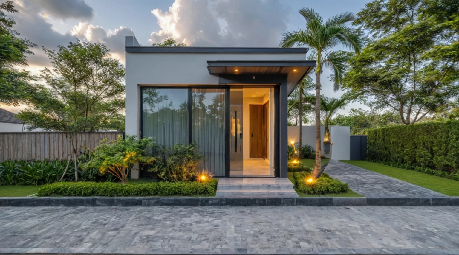 Masterpiece, high quality, best quality, authentic, super detail, outdoors, onestoreyvillaXL, aiaigroup, house style modern on the street ,stairs, white wall ,road,pavement, grass, trees, sky, cloud, (daylight:1.1), swimming pool lake tropical style, full HD 8K, bungalow style, homestay