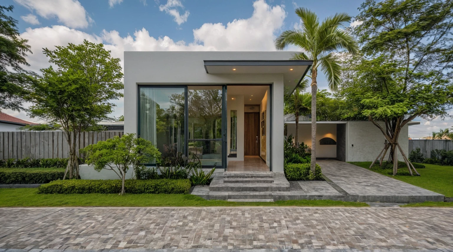 Masterpiece, high quality, best quality, authentic, super detail, outdoors, onestoreyvillaXL, aiaigroup, house style modern on the street ,stairs, white wall ,road,pavement, grass, trees, sky, cloud, (daylight:1.1), swimming pool lake tropical style, full HD 8K, bungalow style, homestay