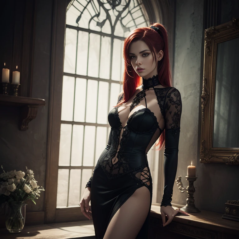 Dark Fantasy Art, gothic style, (((medium full shot))), (Masterpiece, photorealistic, photorealism, best quality, ultra-detailed:1.3), (nice hands, perfect hands), official art, cinematic light, (1girl:1.3), adult, supermodel, red hair, sleek ponytail, beauty model, lace halterneck dress, gorgeous stunning body, long beautiful legs, slim waist, dark, moody, dark fantasy style, mysterious, haunting, dramatic, ornate, detailed