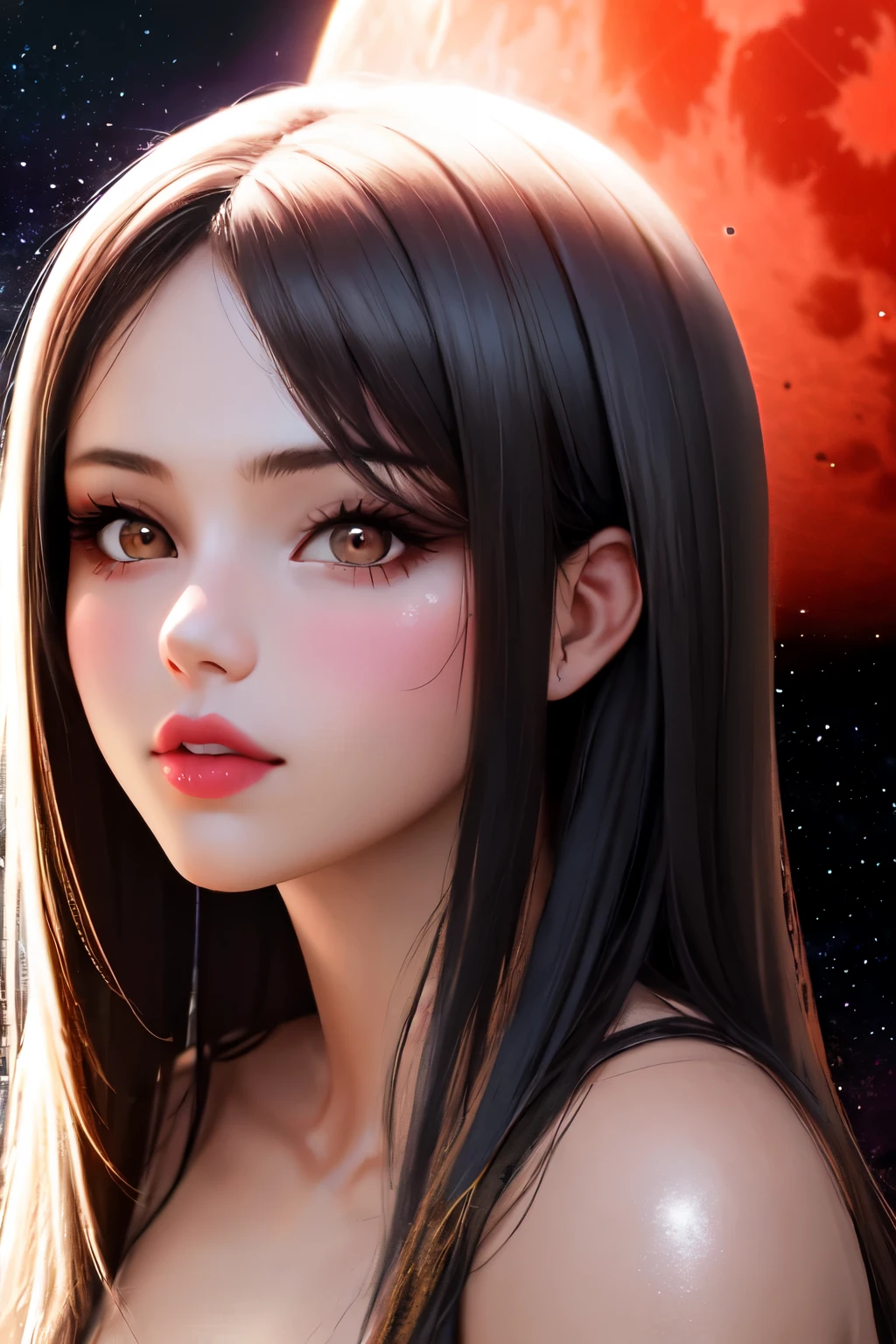 1girl, beautiful face, ((white eyes)), sexy pose, Red moon in the background, stars, space, (lightroom:1.13), soft light, (natural skin texture:1.2), (hyperrealism:1.2), sharp focus, focused,[[realistic]]