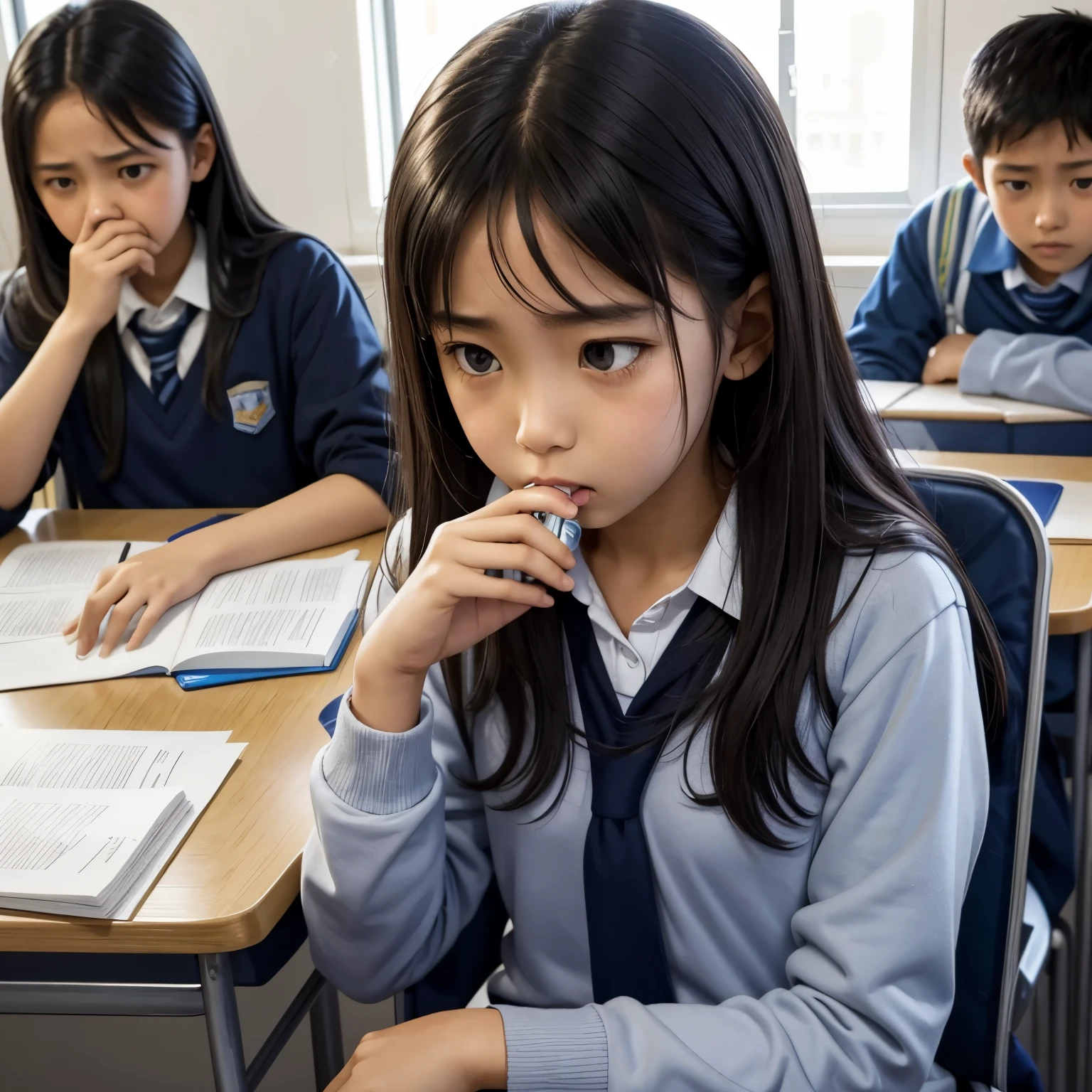 a girl who is confused of her classmate who have asthma attack 