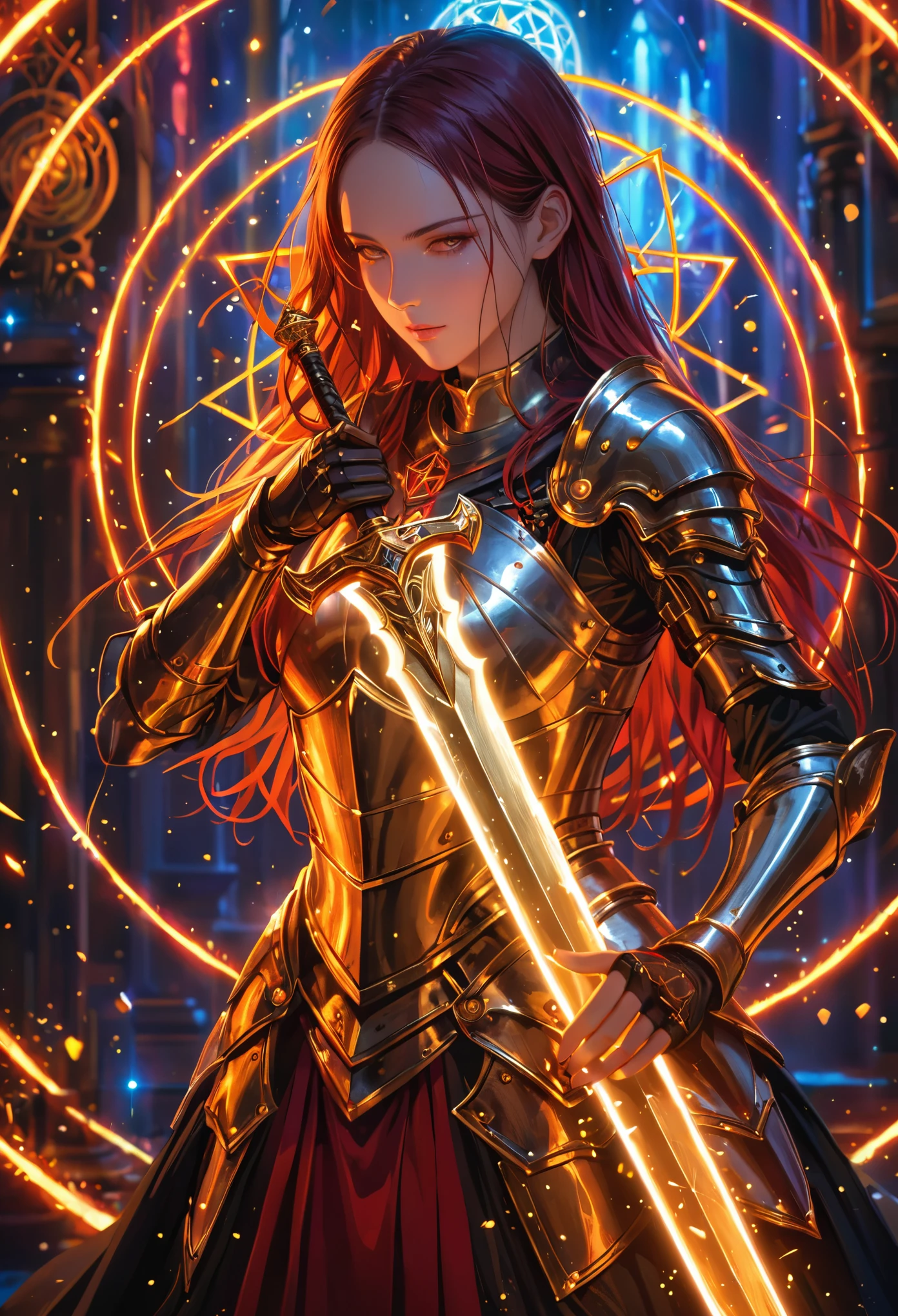 (best quality, masterpiece:1.2), ultra-detailed, a huge glowing golden sword, ancient glowing symbols on the blade, a girl wearing armor, Cuvry Pose,Dynamic Action，long flowing hair, silver armor, black and red electric arc hexagram magic circle background, magical effects, detailed magic circle, detailed hexagram, intricate sword handle texture, thick breath mist., Surrealism, 4k, 8k, highres, best quality, highres, anatomically correct, textured skin