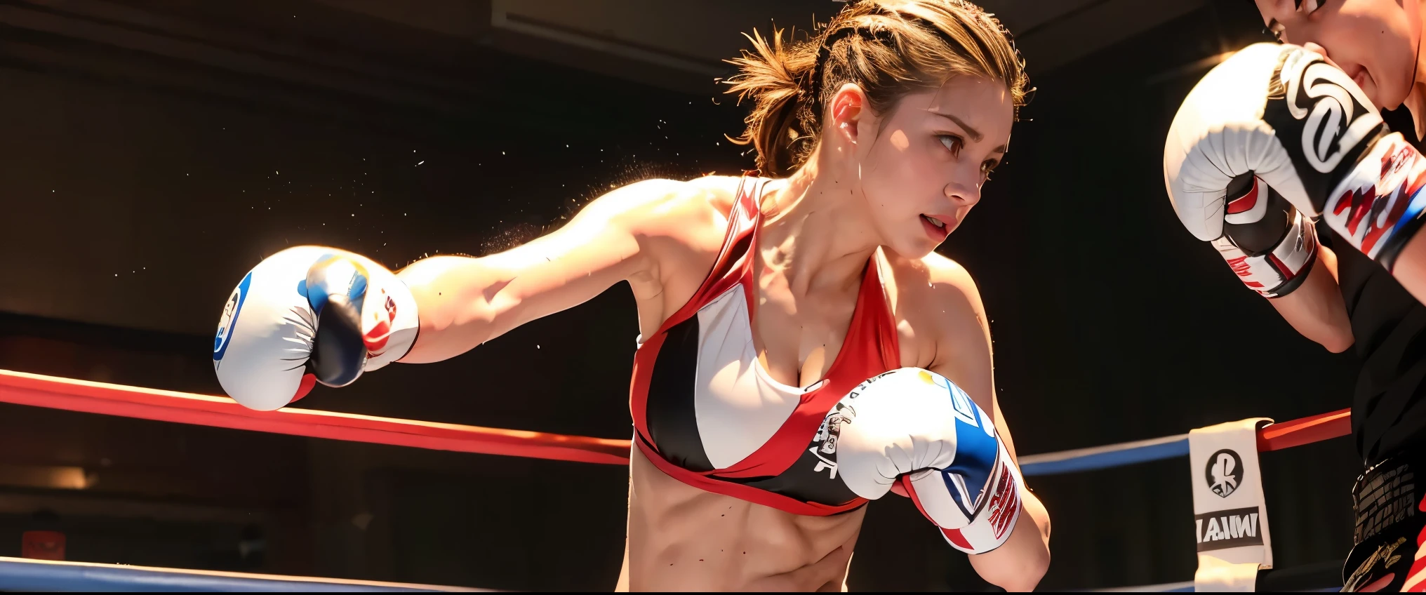 Masterpiece, brown haired woman, looks like Hillary Swank, wearing a white sports bra, black short, red boxing gloves, sweaty, in a boxing ring, realistic