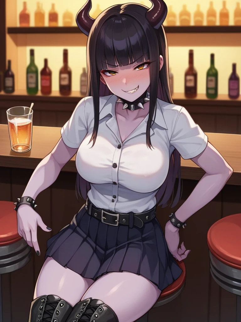 score_9,score_8_up,score_7_up,rating_explicit, source_anime, 1girl, solo, nishizumi shiho, blunt bangs, excited, looking at viewer, spiked choker, posing in bar, smug face, horny, drunk, inviting to join, white shirt, pleated skirt, short sleeves, belt, thighhigh_boots, gothic dress, punk dress, devil girl, horns, purple skin,