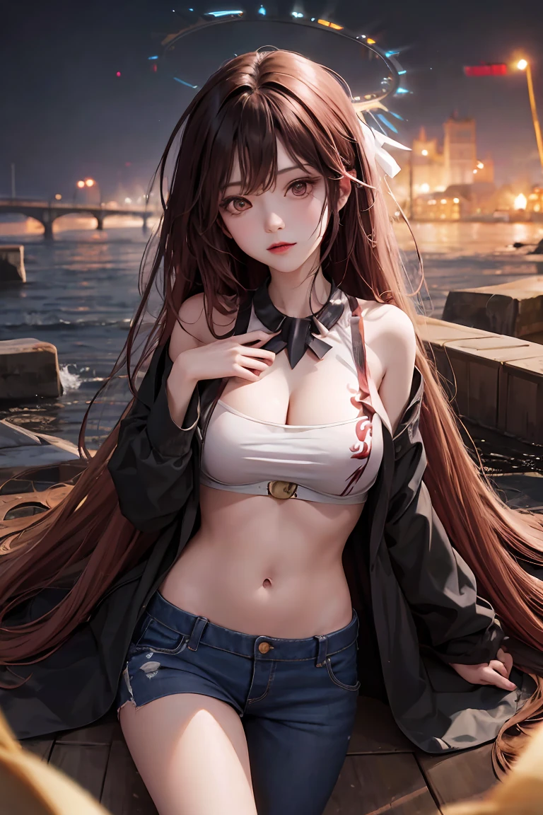 Makima, Control Demon is a woman with long reddish-brown hair, camisa manga larga, corbata negra, black pants touching his face with blood, riendo, es un personaje ficticio, perteneciente al anime Chainsaw Man. cuerpo completo, ambiente de terror oscuro, rojo, bien detallado, Horror cosmic,Nighttime Atmosphere, Cosmic Horror,, sentado bajo la lluvia, Full Costume Good Lighting