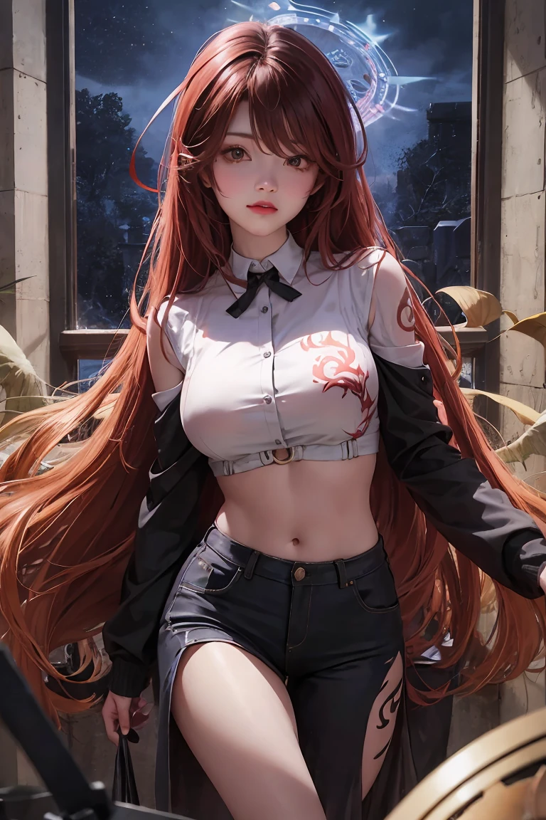 Makima, Control Demon is a woman with long reddish-brown hair, camisa manga larga, corbata negra, black pants touching his face with blood, riendo, es un personaje ficticio, perteneciente al anime Chainsaw Man. cuerpo completo, ambiente de terror oscuro, rojo, bien detallado, Horror cosmic,Nighttime Atmosphere, Cosmic Horror,, sentado bajo la lluvia, Full Costume Good Lighting