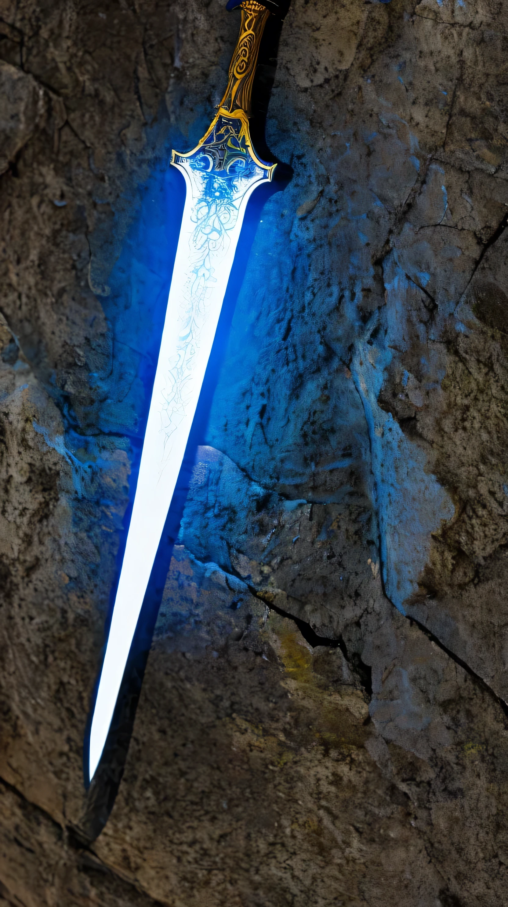 A sword with blazing fire in it, sword with detailed shape. Sword perfectly straight shape. Sword have blue electricity aura and magical vibe. In stone background.