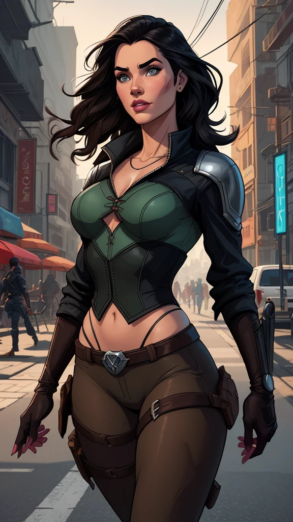 obra de arte, melhor Ella Purnellstyle Estilo cartoon estilo digital illustration artgermquality, (papel de parede extremamente detalhado da unidade CG 8k), (melhor qualidade), (best illustration), (melhor sombra), Ella Purnellstyle Estilo cartoon estilo digital illustration artgermabsurdos, Realistic lighting, (abismo), lindo brilho detalhado, arte por Peter MohrBacher, atriz Ella Purnellstyle Estilo cartoon digital illustration estilo artgerm Estilo cartoon digital illustration Estilo GTA uma mulher com roupas de couro andando pela rua, vestindo armadura de assassino de couro, armadura de couro skimpy, roupas de couro de fantasia, Roupa de Fantasia, in a leather espartilho, Yennefer, lara croft medieval, bela assassina feminina, fantasia sombria cyberpunk sedutora, Yennefer de Vengerberg, Armadura deslumbrante, weared em armadura de couro, espartilho, em armadura de couro, estilo cartoon, digital illustration, estilo GTA Jennifer Connelly