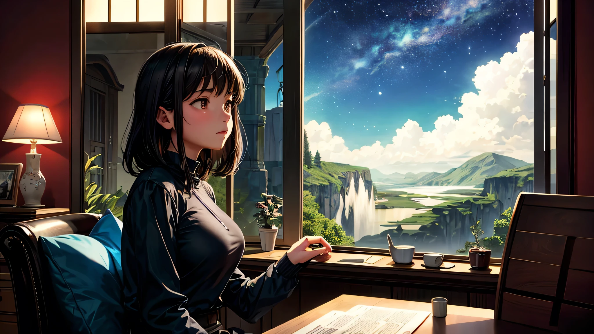 alone, Singular light, woman, face seen from the side, sideways, cosmic, fantsy, looking away:1.4, adult, busty, Ghibli-like design, living room, sitting, dark hair, studying, Completely, landscape orientation, side view, music