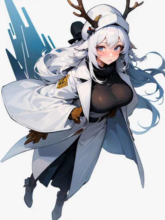 Masterpiece, best quality, expressive eyes, perfect face, 1girl, solo, monster girl, animal ears, blush, long hair, looking at viewer, simple background, hat, breasts, antlers, white hair, white background, gloves, winter clothes, coat, full body, winter coat, large breasts, mature,