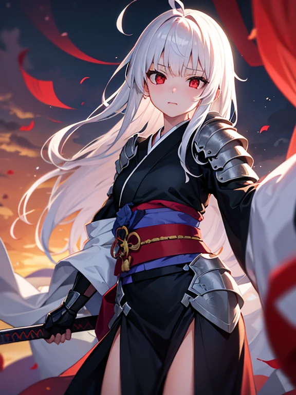 Masterpiece, best quality, expressive eyes, perfect face, 1girl, black sword, armor, kimono in arms, knight armor, mature, kimono, bare_shoulder, white_yukata, red eyes, long hair, ahoge, pelvic_curtain, white hair, red eyes