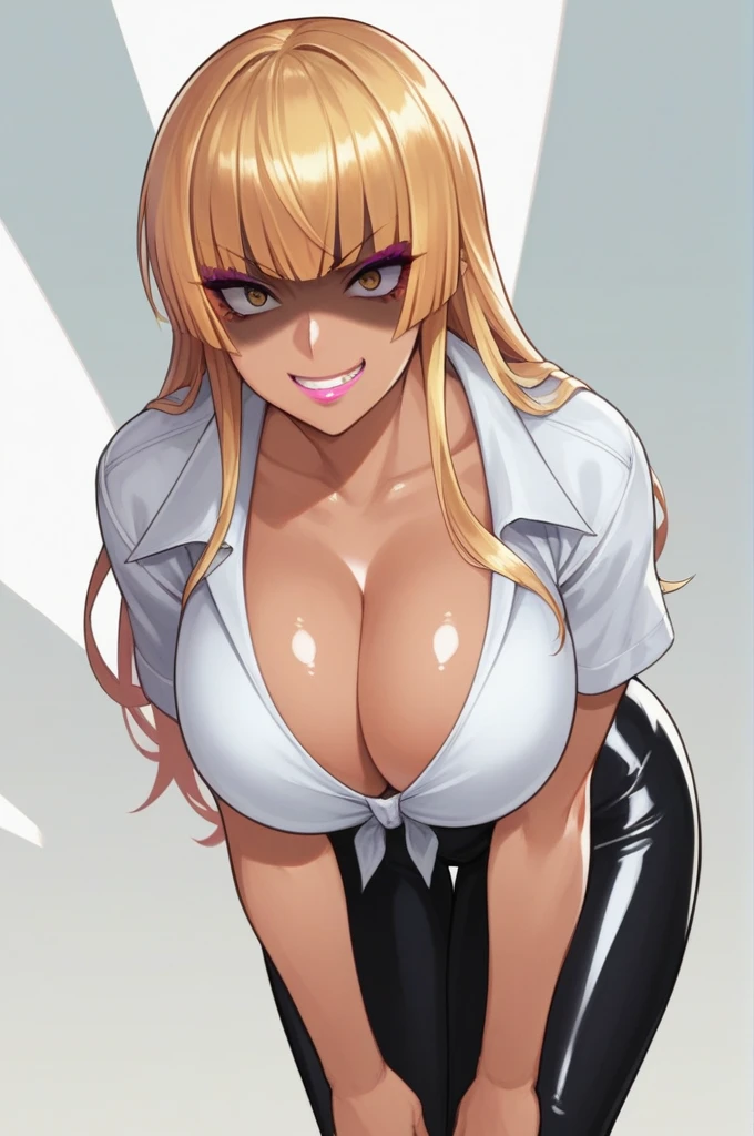 Score_9, score_8_up, score_7_up, score_6_up, source_anime, solo, 1girl, white background, abstract rectangular background, looking at viewer, fear, scared, shaded face, BREAK 30-years-old, gyaru, nyotengu, white shirt, serafuku, huge breast, leaning forward, smirk, cleavage, shiny skin, makeup, pink lips, latex, shiny