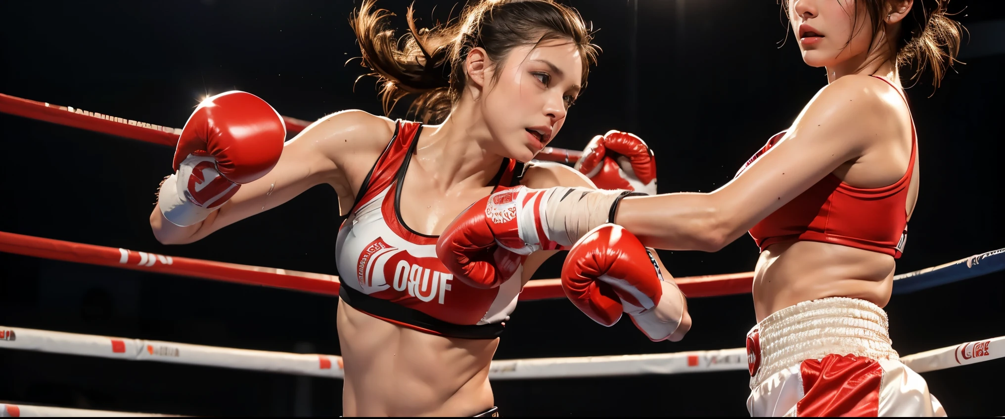 Boxing Match, ((masterpiece, highest quality, Highest image quality, High resolution, photorealistic, Raw photo, 8K)), ((Extremely detailed CG unified 8k wallpaper)), (huge stunning goddess shot, very hot and sexy, jaw-dropping beauty, perfect proportions, beautiful body, slim body beauty:1.4), Female boxers, two athletes beating each other in the ring, wearing sports bras, trunks, boxing gloves and boots, sweat splattered, Sweat running, wet body, intense fighting, (View from below), SFW,